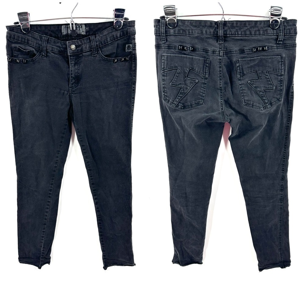 Tripp NYC Jeans Sz 9 Studded Lightning Bolt Pockets Vintage Black Wash Stretch